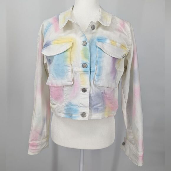Ella Moss White Cotton Denim Pastel Watercolor Button Cropped Jean Jacket Large - Picture 1 of 11